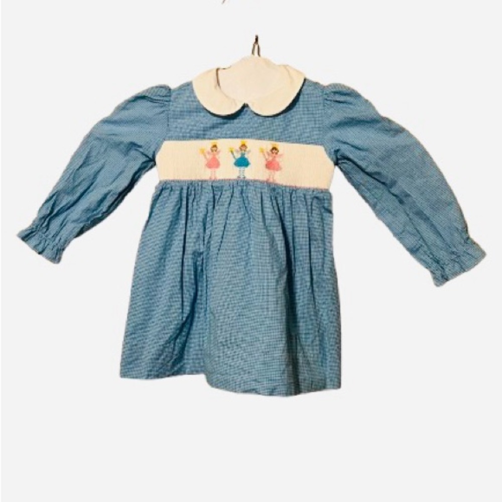 Charming Blue Smocked Gingham Dress with Embroidered fairies